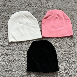 Set of Three Beanies - White, Pink, Black
